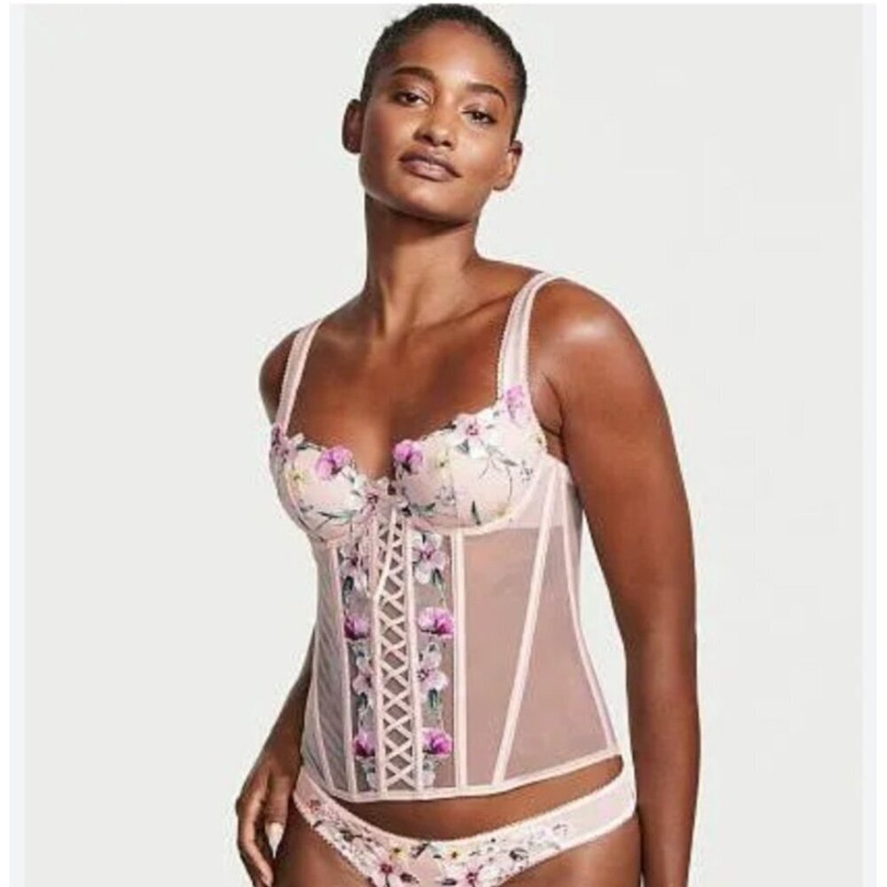Victorias Secret Floral Embroidery Mesh Bustier‎ Corset Size Medium Pink